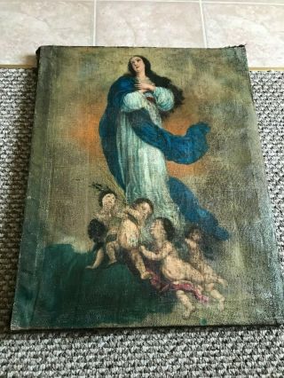 Antique Early 19th Century Religious Oil Painting - Mary And Cherubic Angels