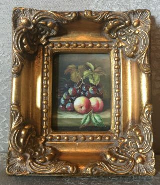 Miniature Oil Painting Fruit Grapes In Ornate Gold Gilt Gesso Frame Vintage