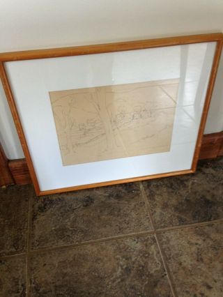 Vintage Pencil Drawing Of Small Village On A Hilltop - Framed