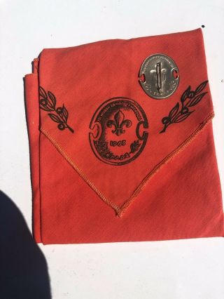 1963 WORLD SCOUT JAMBOREE,  GREECE PARTICIPANT SILVER PIN AND ORANGE SCARF STAFF 3