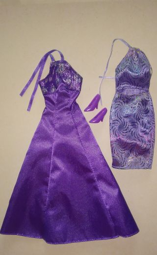 Barbie Vintage Clothing - Two Evening Dresses,  Purple High Heels
