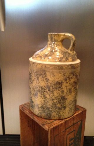 Rare Antique Stoneware Blue Spongeware Jug Crock,  Yellowware