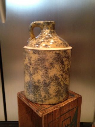 RARE Antique Stoneware Blue Spongeware Jug Crock,  Yellowware 4