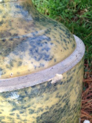 RARE Antique Stoneware Blue Spongeware Jug Crock,  Yellowware 7