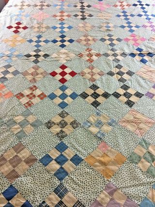 Vintage Hand Stitched Nine Patch On Point Quilt Top Circa 1900s