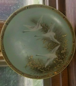 Antique Hand Painted Nippon 6 " Plate Flying Swan Geese Jeweled Moriage