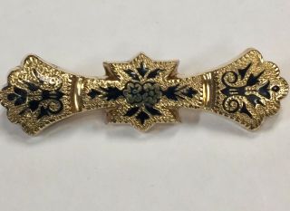 Vintage Gold Filled Black Enamel Pin Brooch Antique Victorian 1 3/4 "
