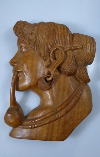 Vintage Wooden Native Hand Carved Head Bust Tribal Pipe Wall Plaque Ethnic
