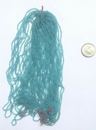 Rare Pre - 1900 Antique Micro Seed Beads - Translucent Sky Blue Turquoise Hank - 24.  5g 2