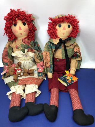 25” Vintage Raggedy Ann And Andy Cloth Dolls W/ Bear And Top Adorable Pair