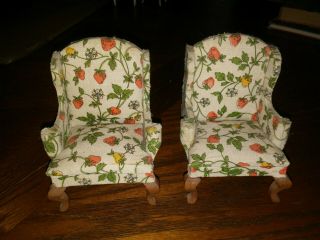 Vintage Dollhouse Wing Chair Cloth And Wood Pair