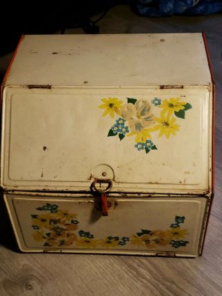 Vintage Tin Bread Box With Floral Design Antique