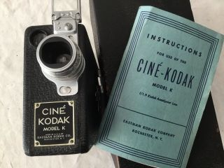 Antique Kodak Cine Model K Vintage 16mm Movie Camera,  Case,  Instructions -