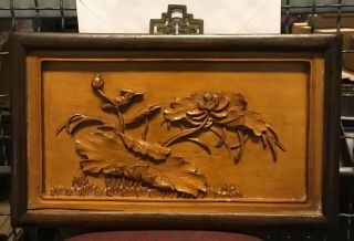 Fine Antique Chinese Qing Bird With Lotus Flowers Carved Wood Panel Plaque