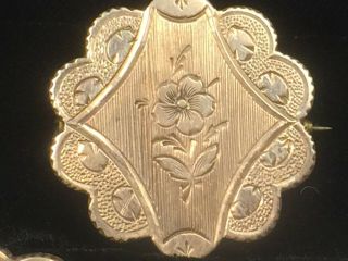 Antique 10kyg Flower Silhouette Background Cufflink Button & Brooch Set 6.  9gm