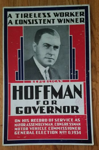 Vintage 1934 Harold G Hoffman U.  S Governor Political Campaign Poster Jersey