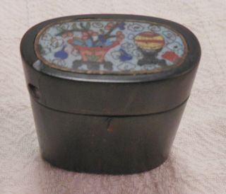 Rare Antique Chinese Horn Snuff Box With Cloissone Panel