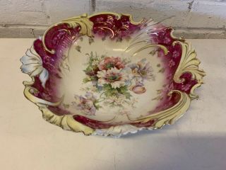 Antique Rs Prussia Style Porcelain Large Handled Bowl With Floral Decorations