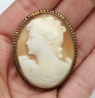 Antique Early 20thc Woman Gold Vermeil Silver Frame Carved Cameo Brooch Pendant