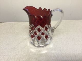 Antique Ruby And Clear Pressed Glass Pitcher Featuring Raised Red Diamonds7”tall