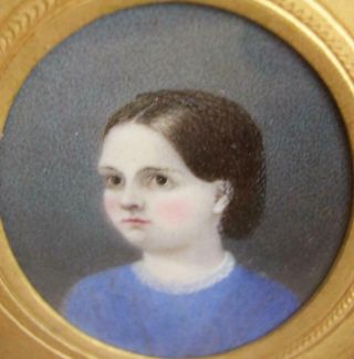 Antique Victorian Miniature Portrait Of Young Girl 1 Of 2 In Leather Case