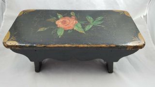 Small Wooden Primitive Folk Art Antique Black Hand Painted Rose Foot Stool