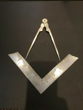 Vintage Freemason Masonic Etched Metal Square / J.  S.  & S.  Compass