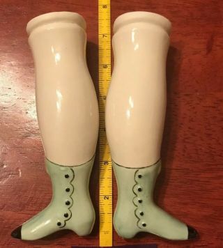 Large 7 " Antique Legs For German Bisque China Doll Green Painted Boots