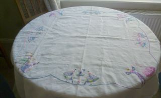 Stunning Embroidered Dancing Ladies And Gents Linen Vintage Tablecloth