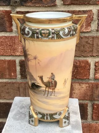 Antique Royal Nippon Hand Painted Egyptian Double Handle Vase Desert Camel Scene