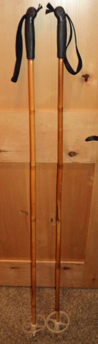 Vintage Bamboo Nordic Cc 52 Inch 130 Cm Ski Poles Leather Adjustable Straps Vguc