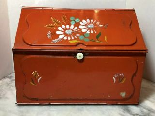 Vintage Tin Bread Box With Floral Design Antique Orange Country Chic