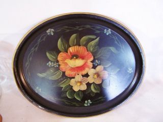 Antique Vintage Toleware Hand Painted Metal Serving Tray Oval Flowers