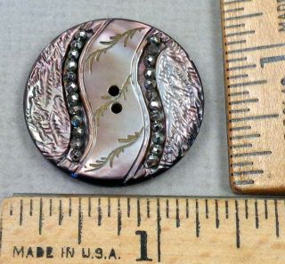 Pearl / Mop Button,  1800s Carved / Etched / Dyed Design,  Cut - Steel Trim