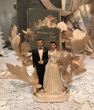 Vintage 1940s Chalkware Bride And Groom Wedding Cake Topper Handsome Couple