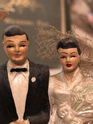 Vintage 1940s Chalkware Bride And Groom Wedding Cake Topper Handsome Couple 2