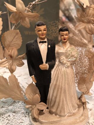 Vintage 1940s Chalkware Bride And Groom Wedding Cake Topper Handsome Couple 3