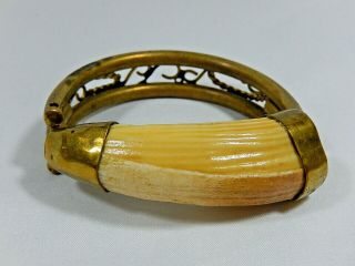 Unusual Vtg Antique African Brass And Horn Small Wrist Handmade Tribal Bracelet