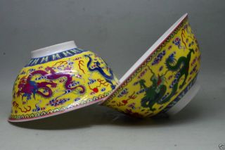 Chinese Qianlong Mark Hand - Painted Dragon Famille Rose Porcelain Bowl 2 Pc