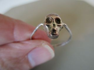 Antique Vintage Victorian Memento Mori Sterling Silver Gold Wash Skull Head Ring