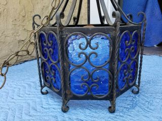 1960 ' s Spanish Revival Wrought Iron & Hammered - Glass Chandelier Swag Lamp MCM 2