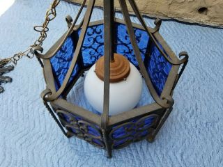 1960 ' s Spanish Revival Wrought Iron & Hammered - Glass Chandelier Swag Lamp MCM 3