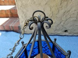 1960 ' s Spanish Revival Wrought Iron & Hammered - Glass Chandelier Swag Lamp MCM 4