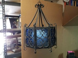 1960 ' s Spanish Revival Wrought Iron & Hammered - Glass Chandelier Swag Lamp MCM 5