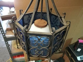 1960 ' s Spanish Revival Wrought Iron & Hammered - Glass Chandelier Swag Lamp MCM 6