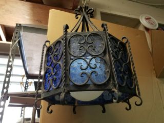 1960 ' s Spanish Revival Wrought Iron & Hammered - Glass Chandelier Swag Lamp MCM 7