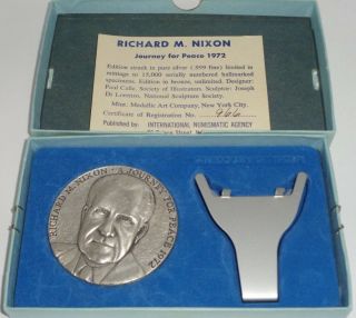1972 Richard Nixon Journey For Peace.  999 Silver Medal Medallic Art Co