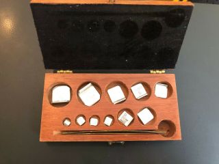 Vintage Weights And Measures Set Of 11 With Wooden Storage Box & Brass Tweezers