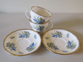 Set Of 2 Antique Royal Malvern England Bone China Tea Cups & Saucers Blue Bells
