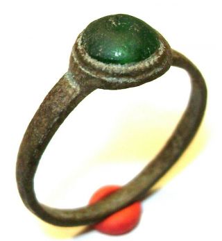 Ancient Medieval Bronze Finger Ring With Green Stone.